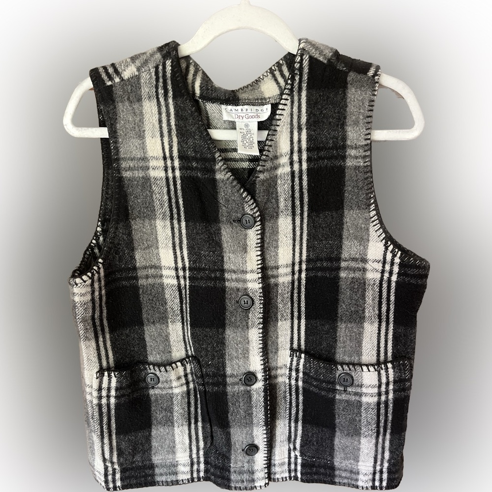 Vintage Cambridge Plaid Vest Wool Size 10 Black Button Front Whip Stitch Pockets